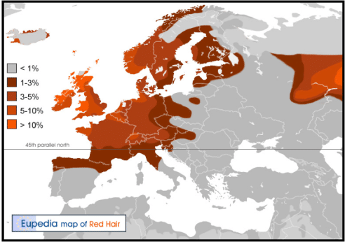 Image from Expedia: Estimated distribution of red hair in Europe